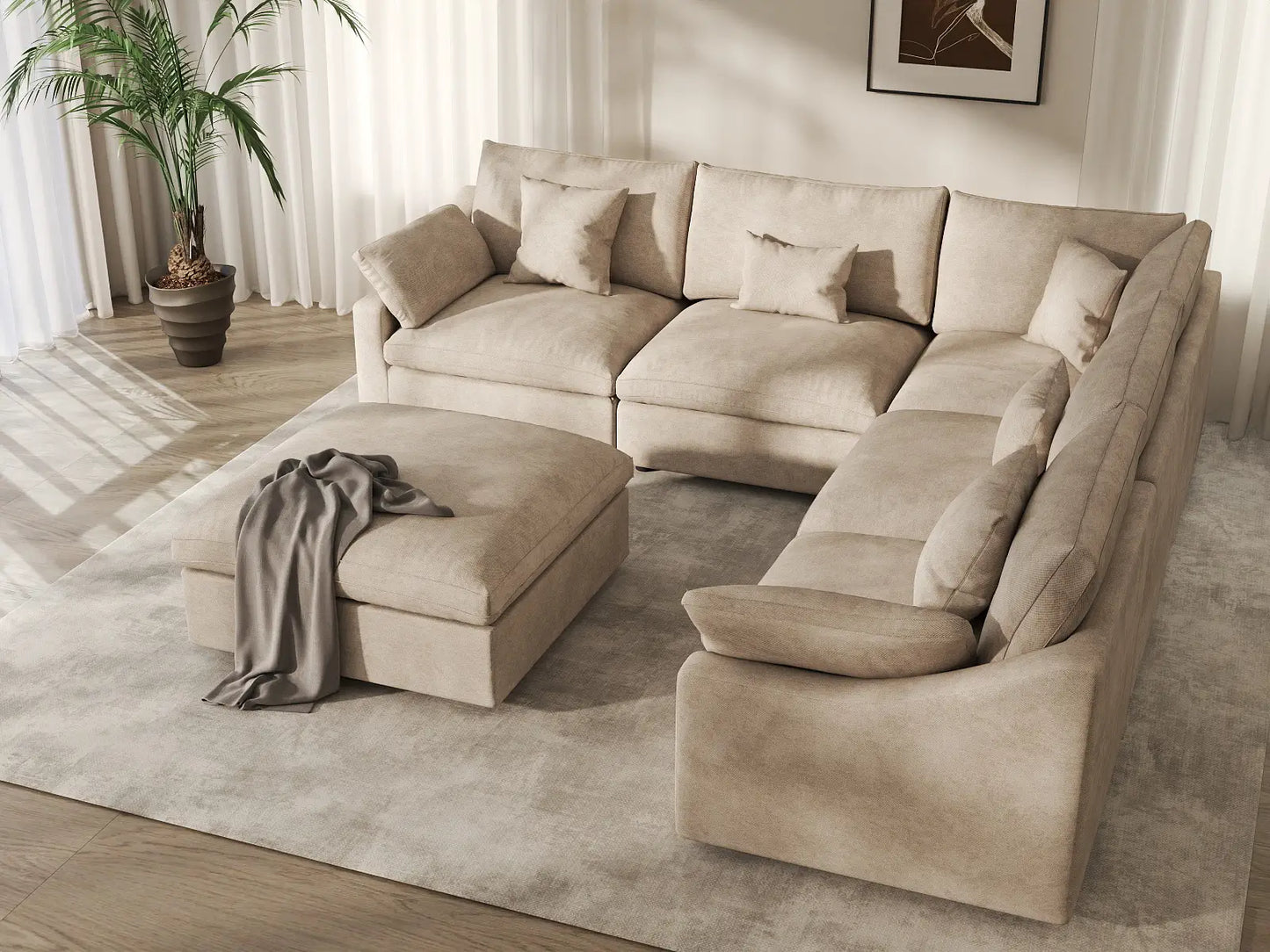 WJS Home 6 Piece Linen Khaki Sofa Sets 5 Seater With 1 Ottoman_7
