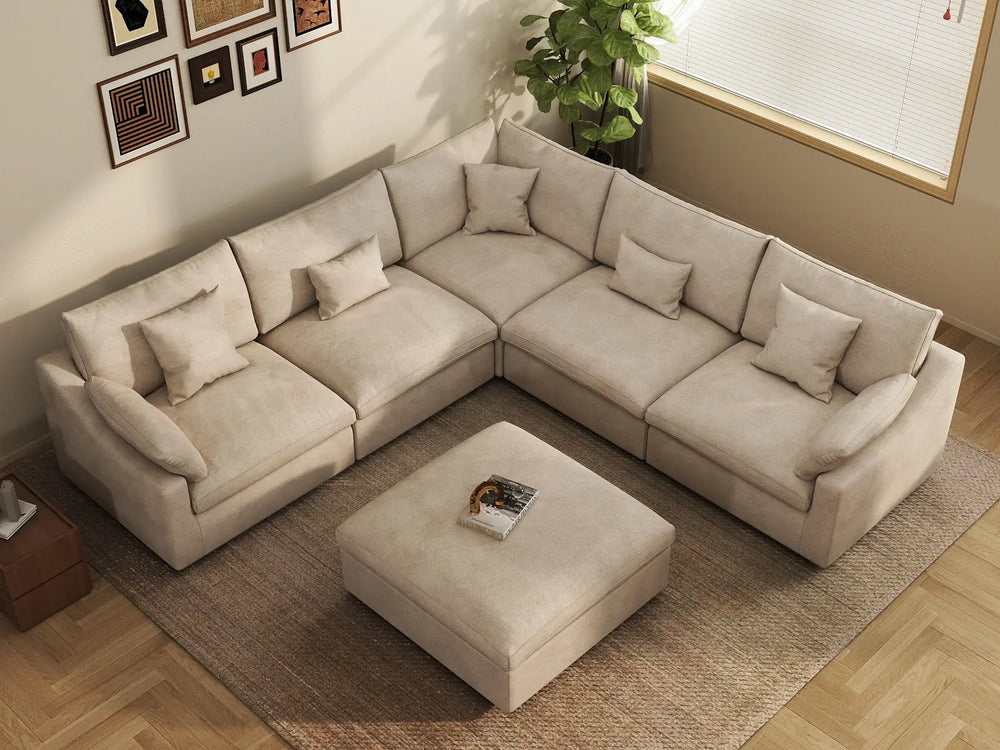 WJS Home 6 Piece Linen Khaki Sofa Sets 5 Seater With 1 Ottoman_8