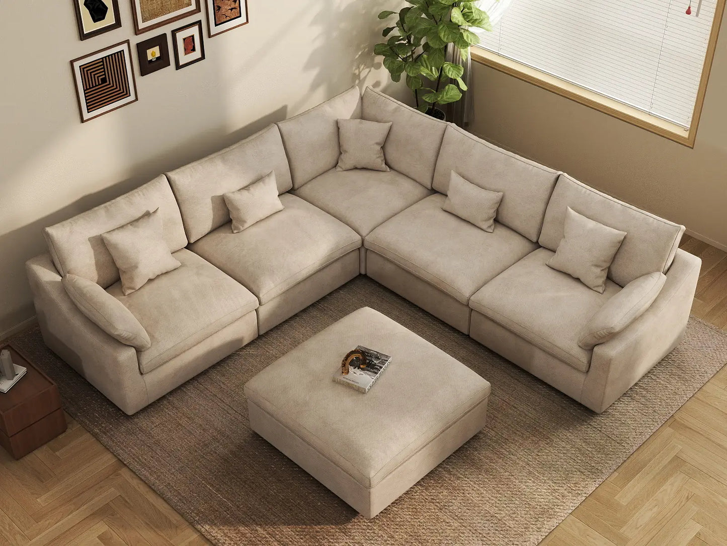 WJS Home 6 Piece Linen Khaki Sofa Sets 5 Seater With 1 Ottoman_8