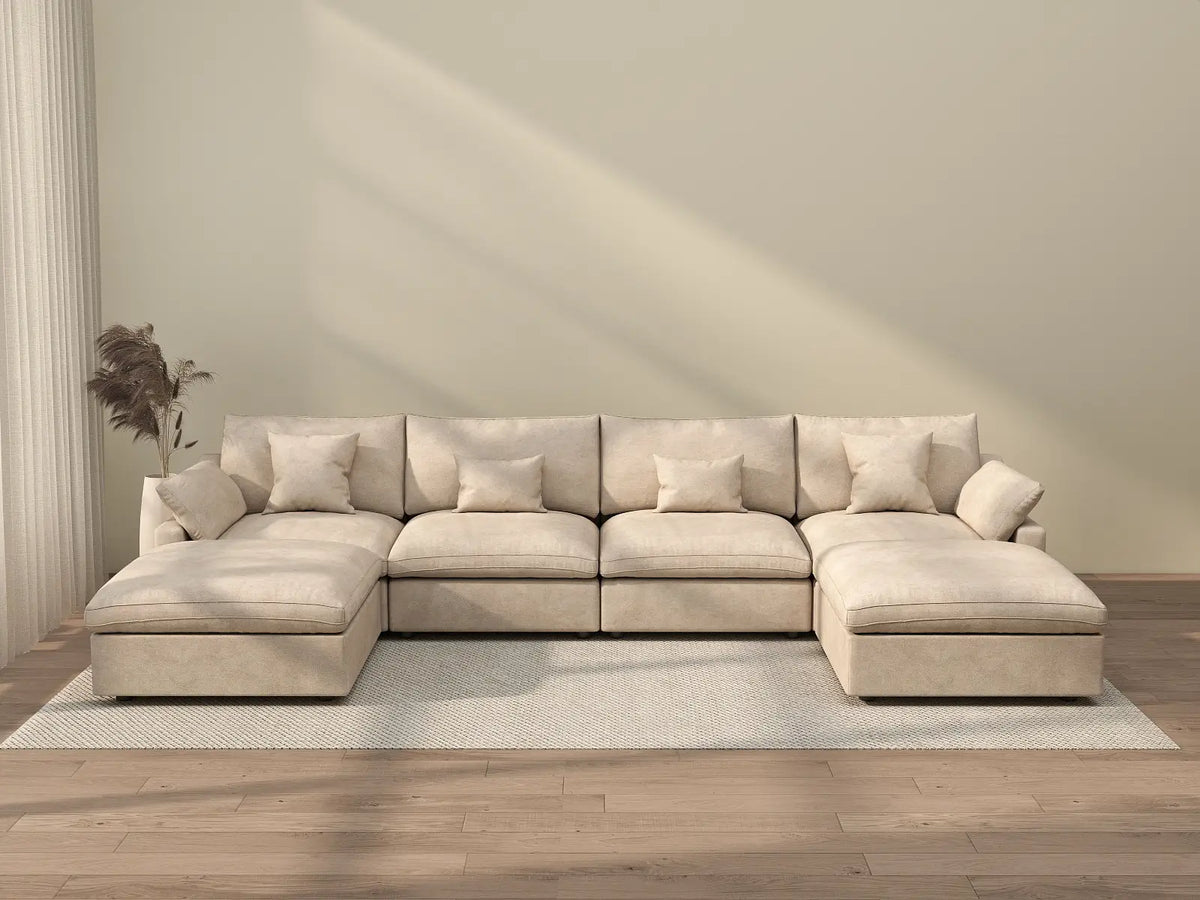 WJS Home 6 Piece Linen Khaki U Shaped Sectionals 4 Seater With 2 Ottomans_2