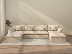 Deluxe Slope Cloud Sectional Sofas | 6-Piece Linen Khaki U-Shaped Sectionals 4-Seater With 2 Ottomans