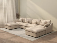 WJS Home 6 Piece Linen Khaki U Shaped Sectionals 4 Seater With 2 Ottomans_3