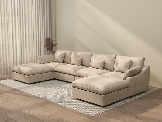 WJS Home 6 Piece Linen Khaki U Shaped Sectionals 4 Seater With 2 Ottomans_3
