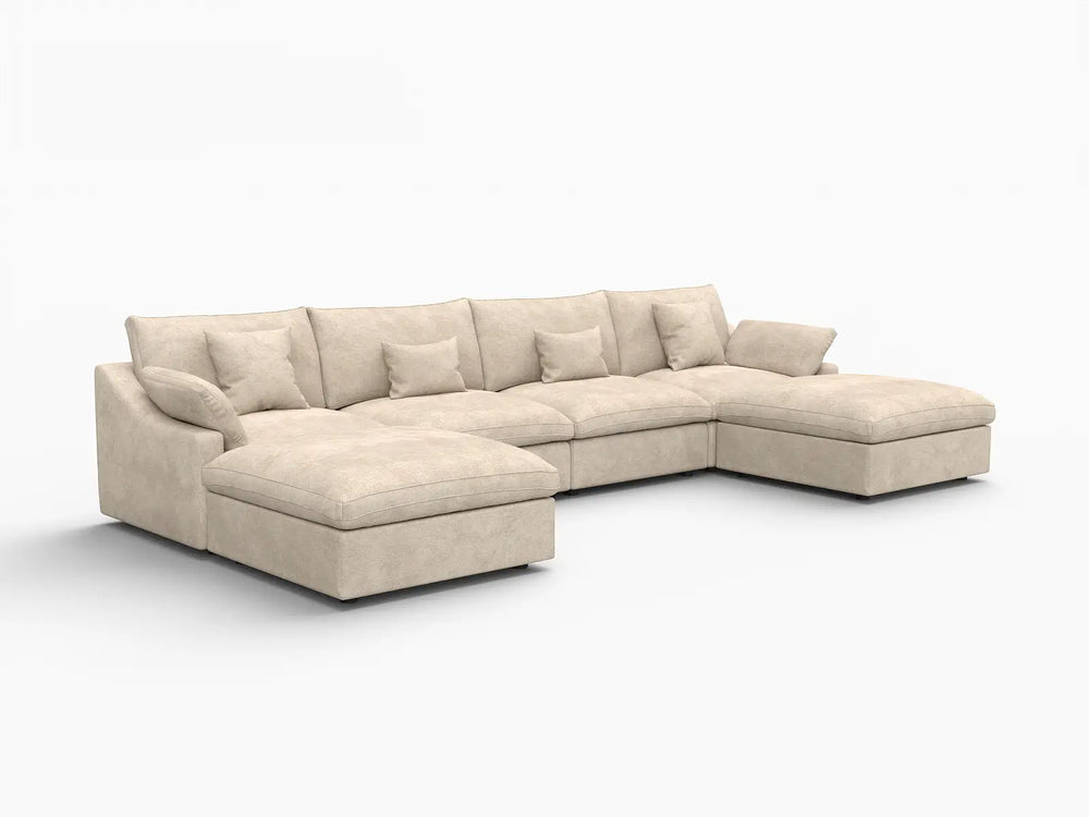 WJS Home 6 Piece Linen Khaki U Shaped Sectionals 4 Seater With 2 Ottomans_5