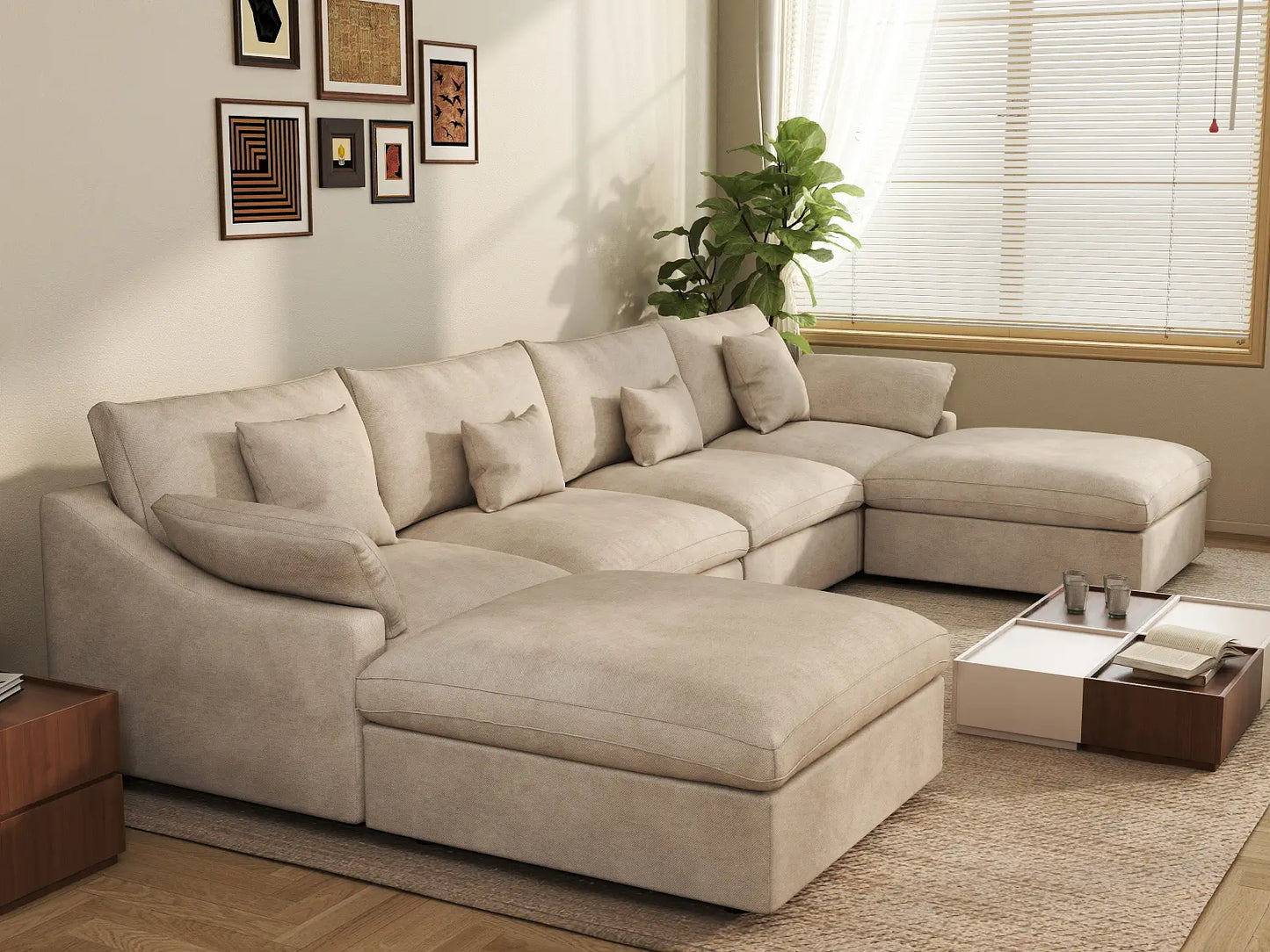 WJS Home 6 Piece Linen Khaki U Shaped Sectionals 4 Seater With 2 Ottomans_7