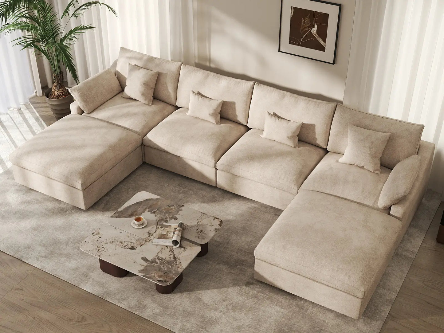 WJS Home 6 Piece Linen Khaki U Shaped Sectionals 4 Seater With 2 Ottomans_8