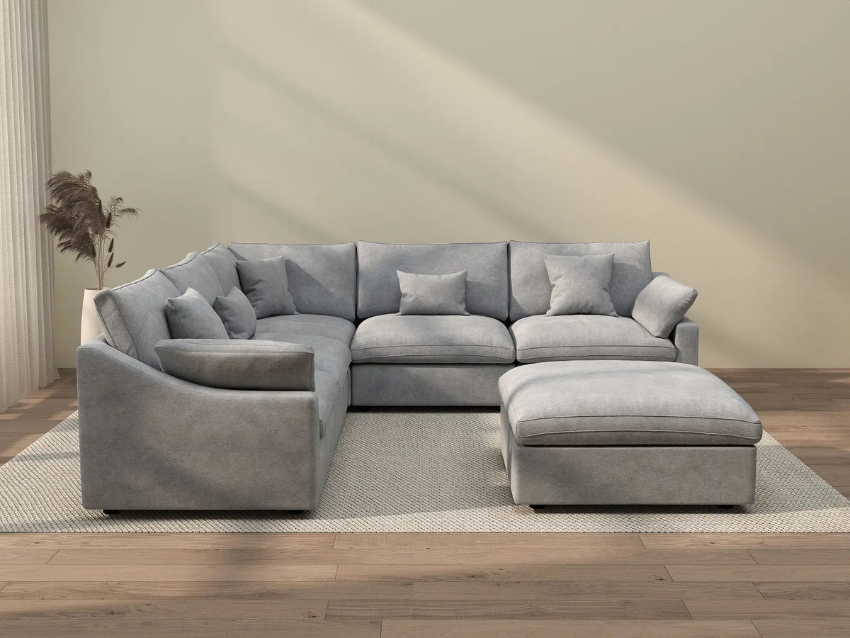6-Piece Linen Light Grey Sofa Set 5-Seater with Ottoman | WJS Home