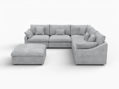 Deluxe Slope Cloud Sectional Sofa Covers | Light Grey Chenille and Linen Sofa Cover for 5-Seater with 1-Ottoman