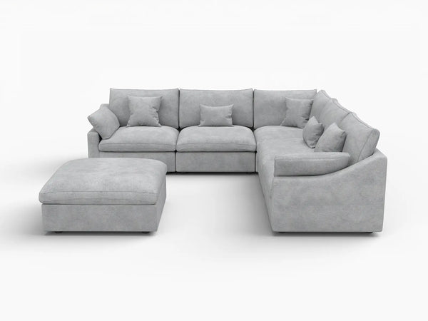 Deluxe Slope Cloud Sectional Sofa Covers | Light Grey Chenille and Linen Sofa Cover for 5-Seater with 1-Ottoman