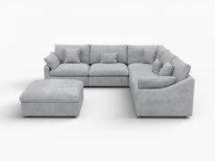 Deluxe Slope Cloud Sectional Sofa Covers | Light Grey Chenille and Linen Sofa Cover for 5-Seater with 1-Ottoman