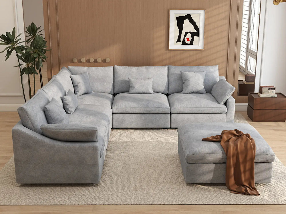 WJS Home 6 Piece Linen Light Grey Sofa Sets 5 Seater With 1 Ottoman_6