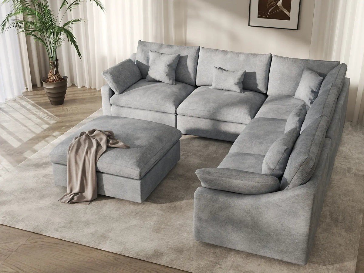6-Piece Linen Light Grey Sofa Set 5-Seater with Ottoman | WJS Home