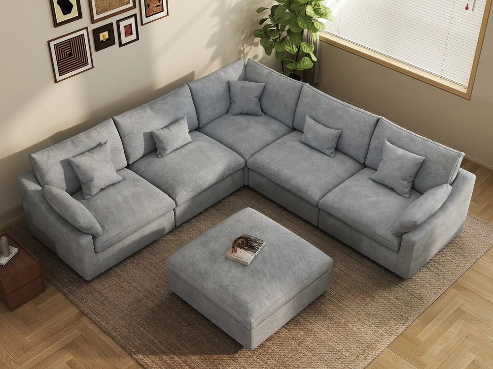 WJS Home 6 Piece Linen Light Grey Sofa Sets 5 Seater With 1 Ottoman_8