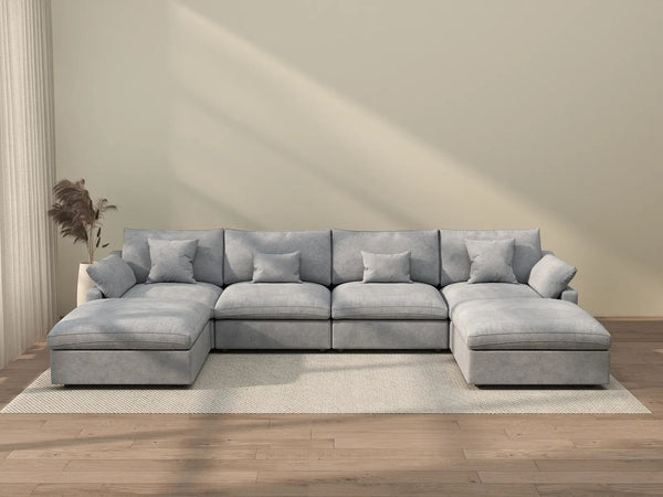 Sofá modular modular Deluxe Cloud de 4 plazas, color gris claro, lavable, en forma de U | Juego de 6 piezas (incluye 2 otomanas), tejido de chenilla y lino, diseño modular.
