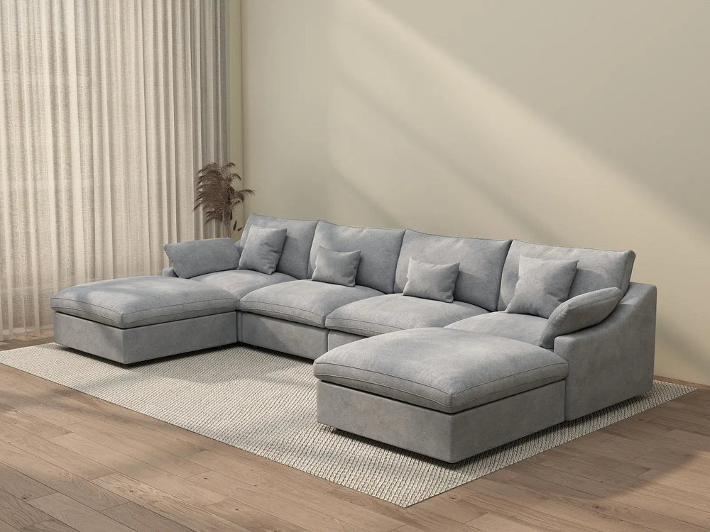 WJS Home 6 Piece Linen Light Grey U shaped Sectionals 160 Adjustable Backrest Pillows 4 Seater_3