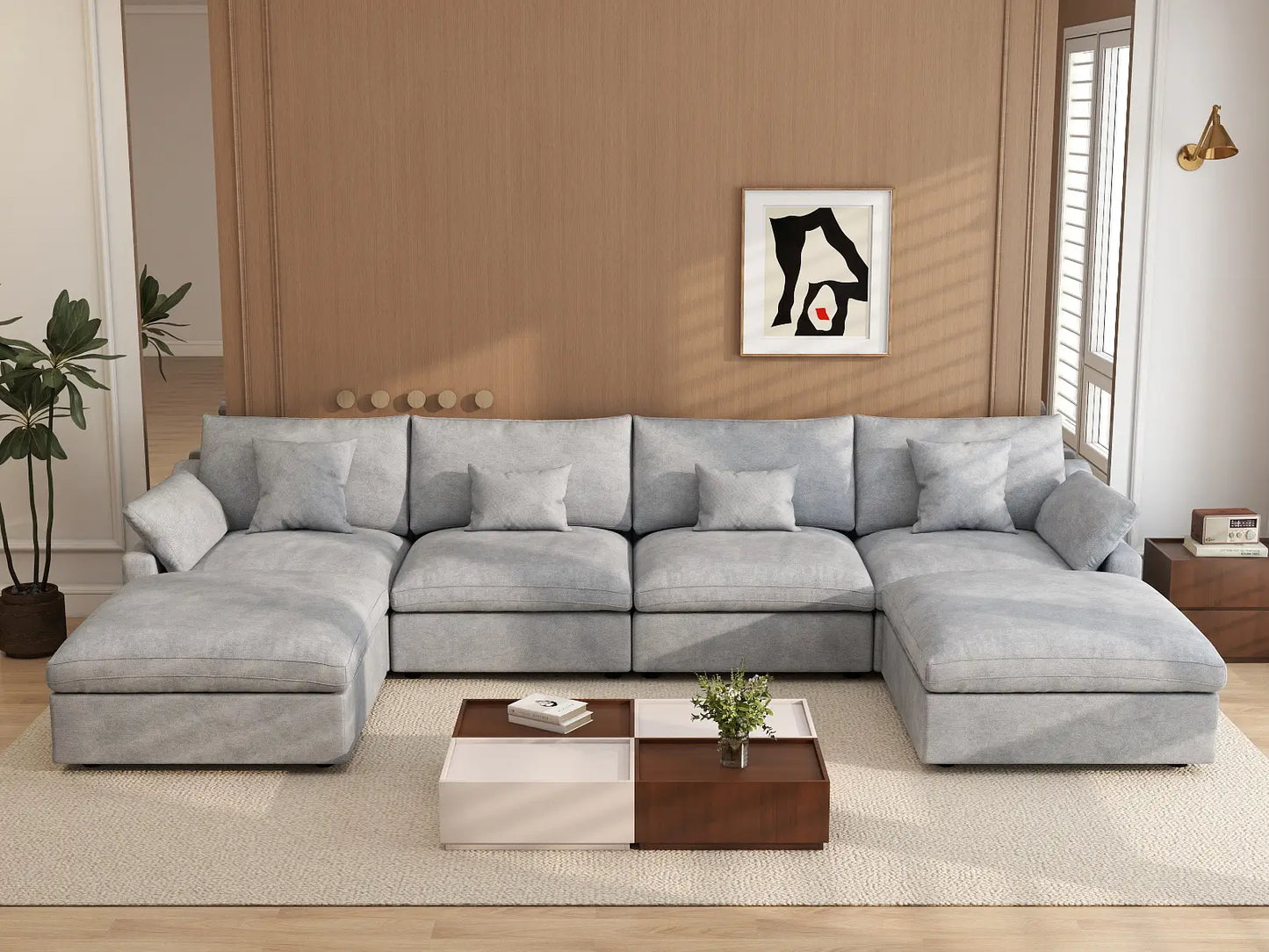 WJS Home 6 Piece Linen Light Grey U shaped Sectionals 160 Adjustable Backrest Pillows 4 Seater_6