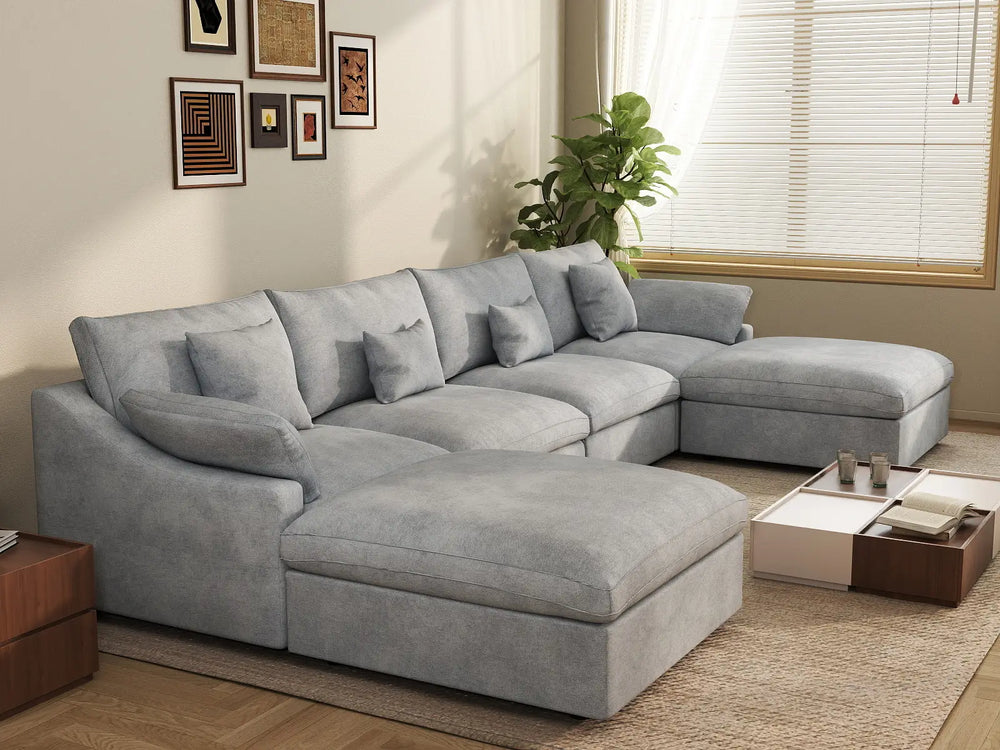 WJS Home 6 Piece Linen Light Grey U shaped Sectionals 160 Adjustable Backrest Pillows 4 Seater_7