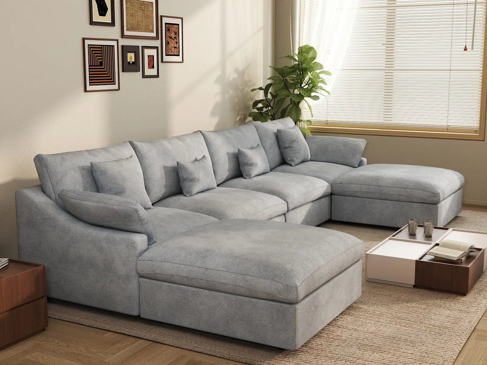 WJS Home 6 Piece Linen Light Grey U shaped Sectionals 160 Adjustable Backrest Pillows 4 Seater_7