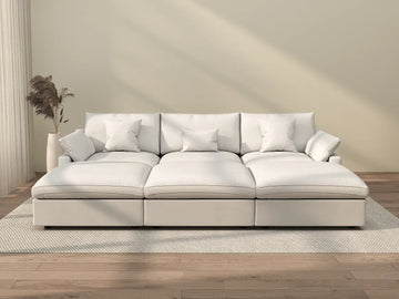 Deluxe Cloud 3-Seater White Washable Pit Sectional | 6-Piece (includes 3 Ottomans), Chenille and Linen Fabric, Modular Design