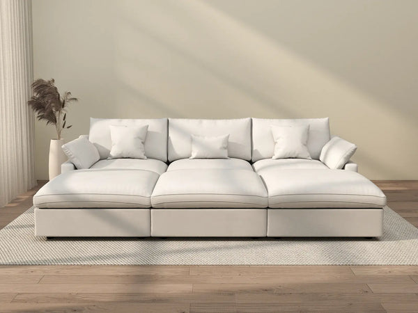 Sofá modular Deluxe Cloud de 3 plazas, blanco, lavable | 6 piezas (incluye 3 otomanas), tejido de chenilla y lino, diseño modular