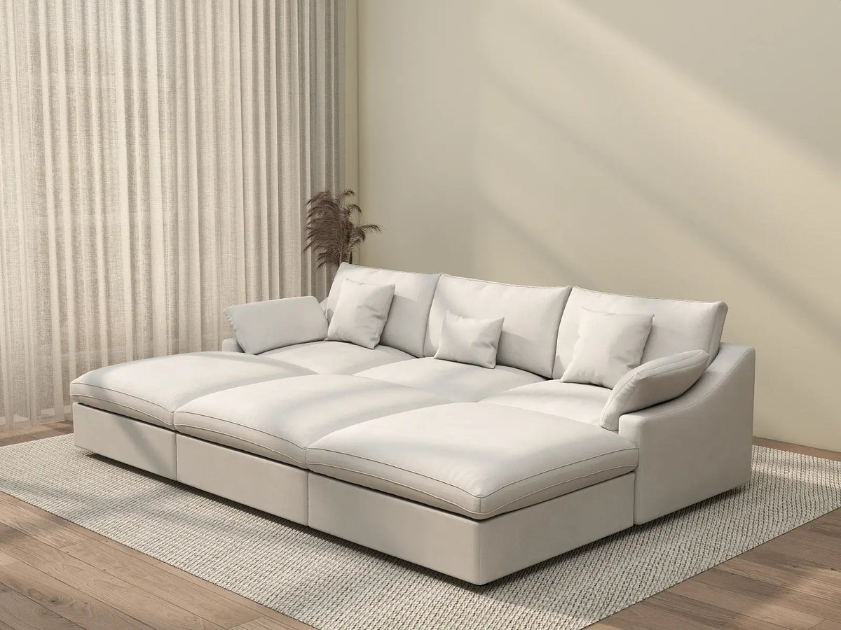 WJS Home 6 Piece Linen White Pit Sectionals 120 Adjustable Backrest Pillows 3 Seater_3