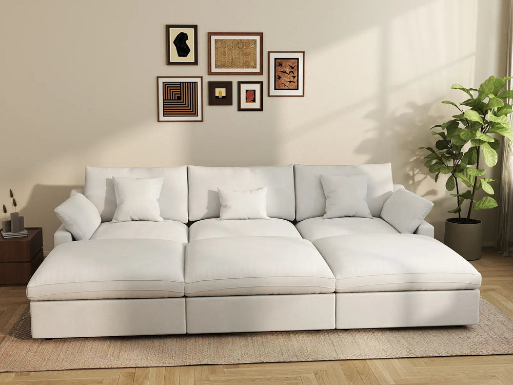 WJS Home 6 Piece Linen White Pit Sectionals 120 Adjustable Backrest Pillows 3 Seater_6