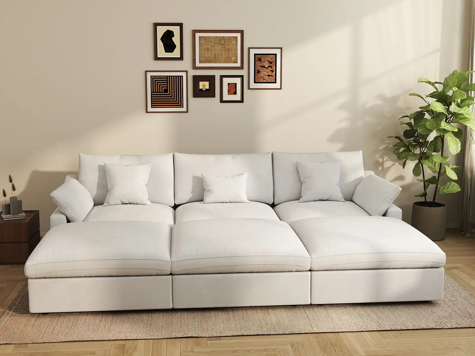 WJS Home 6 Piece Linen White Pit Sectionals 120 Adjustable Backrest Pillows 3 Seater_6