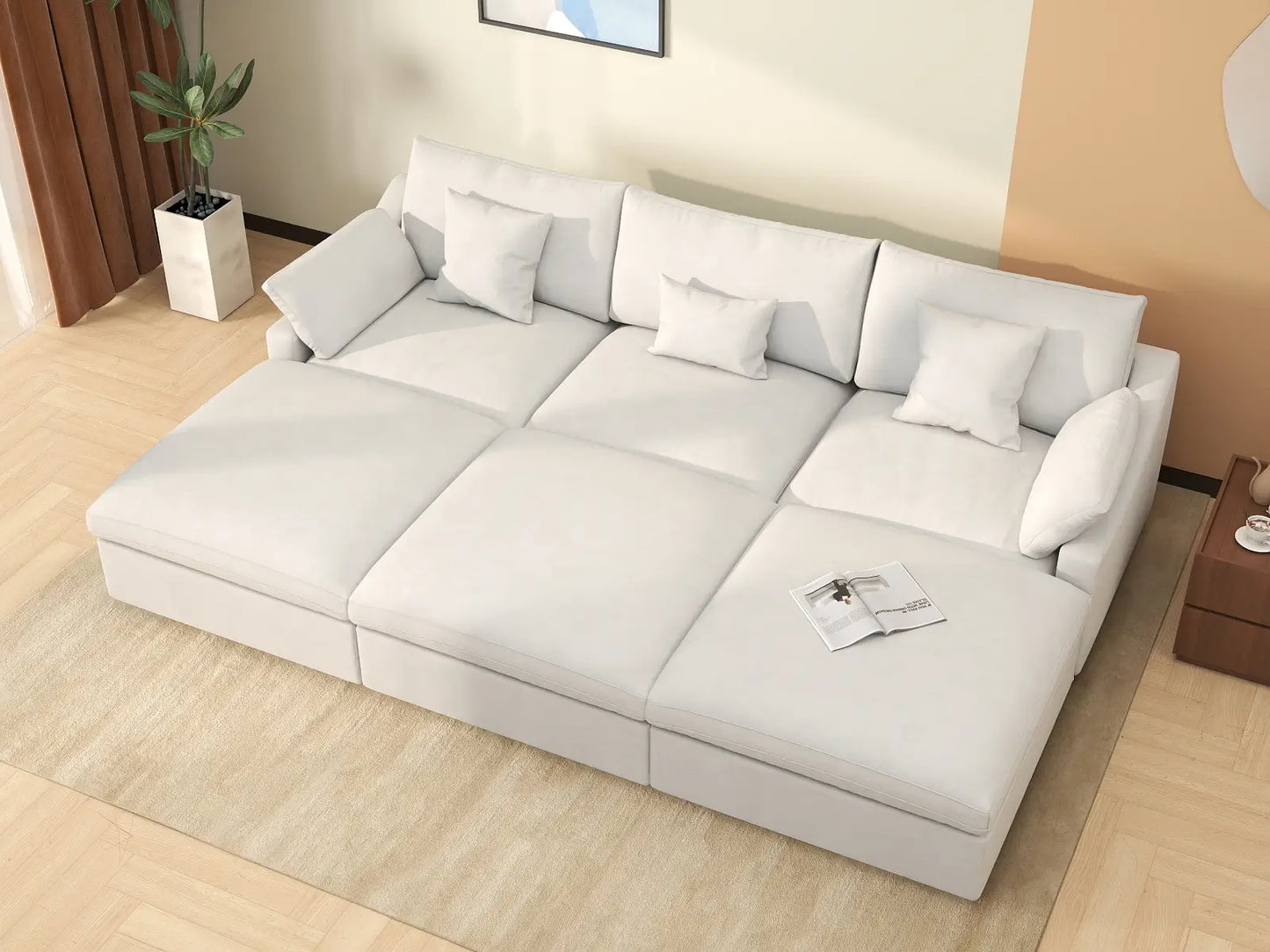 WJS Home 6 Piece Linen White Pit Sectionals 120 Adjustable Backrest Pillows 3 Seater_8