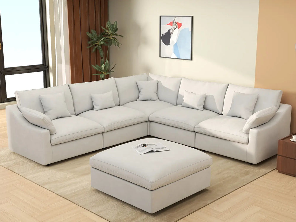 WJS Home 6 Piece Linen White Sofa Sets 5 Seater With 1 Ottoman_1