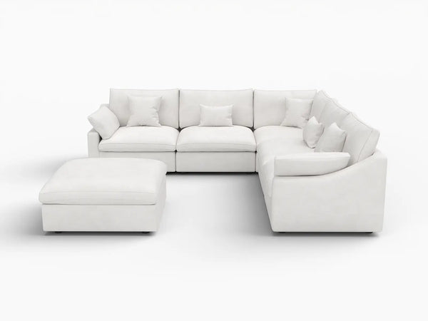 Deluxe Slope Cloud Sectional Sofa Covers | White Chenille and Linen Sofa Cover for 5-Seater with 1-Ottoman