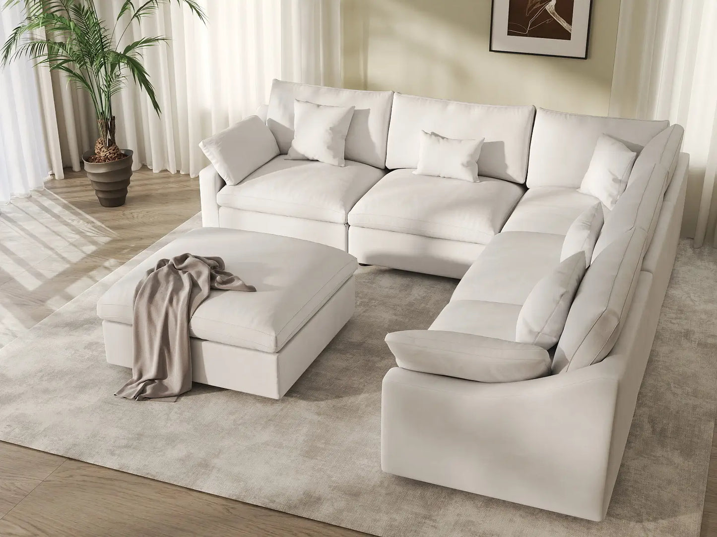 WJS Home 6 Piece Linen White Sofa Sets 5 Seater With 1 Ottoman_7