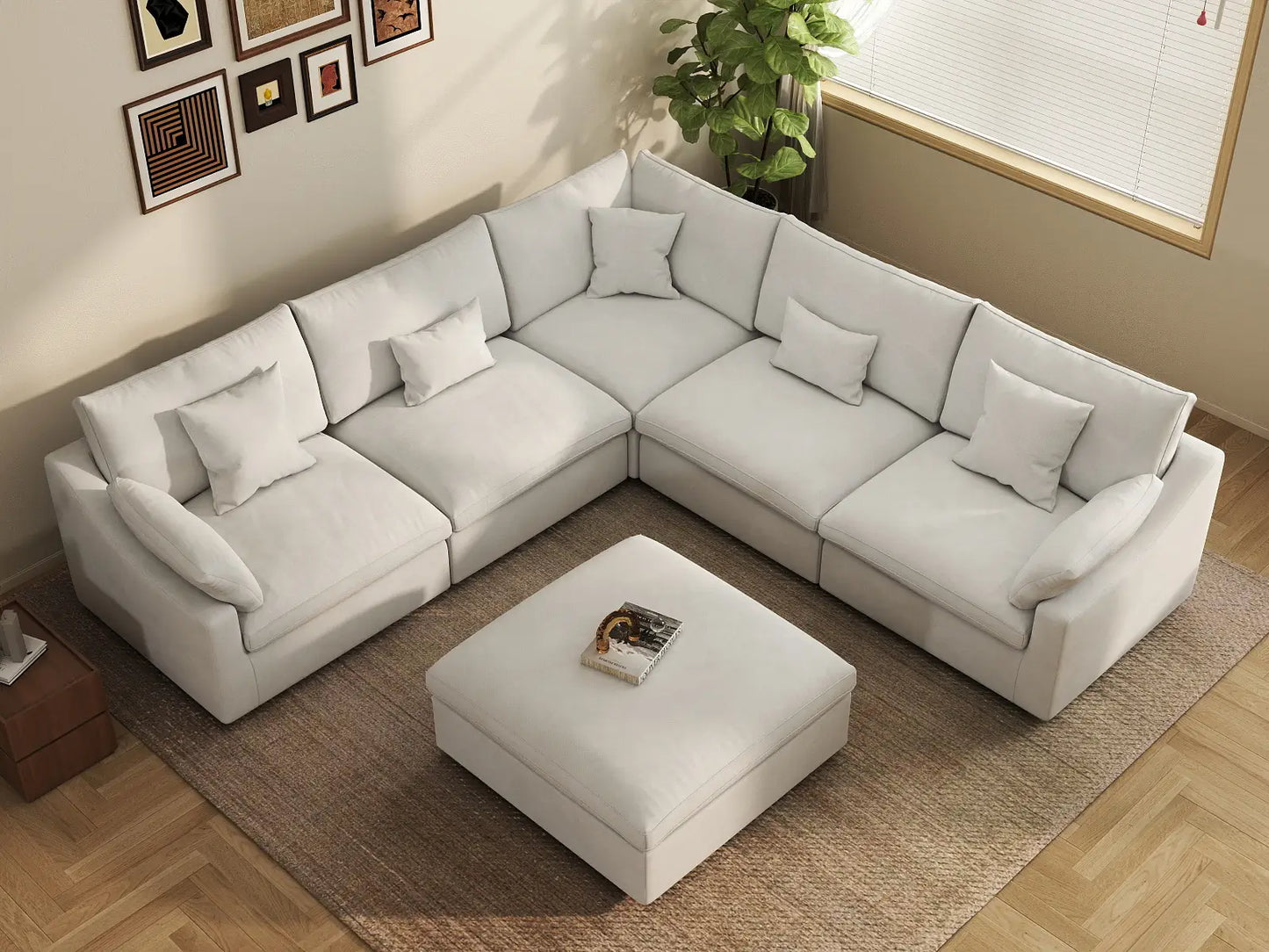 WJS Home 6 Piece Linen White Sofa Sets 5 Seater With 1 Ottoman_8