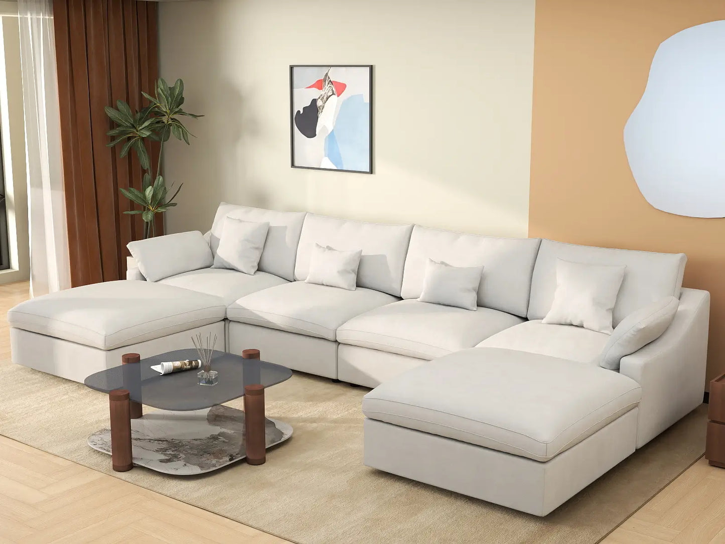 WJS Home 6 Piece Linen White U shaped Sectionals 160 Adjustable Backrest Pillows 4 Seater_1