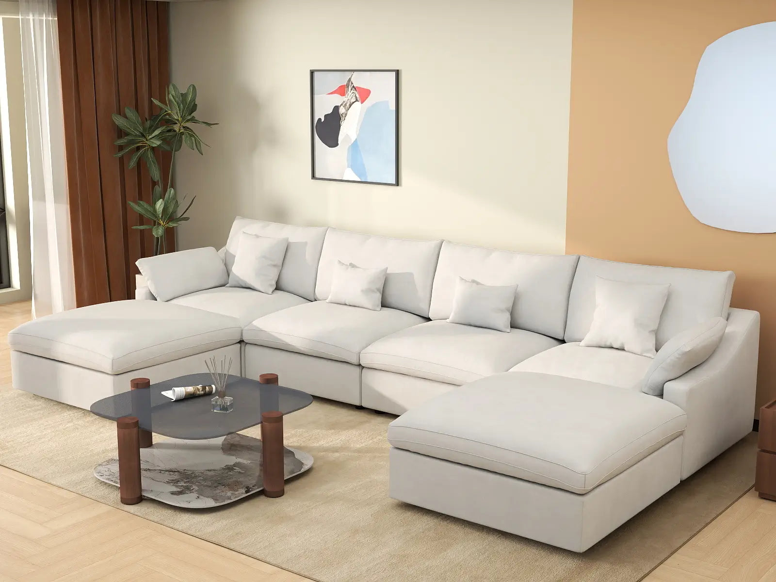 WJS Home 6 Piece Linen White U shaped Sectionals 160 Adjustable Backrest Pillows 4 Seater_1