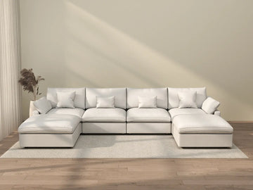 Deluxe Cloud 4-Seater White Washable U-Shaped Sectional | 6-Piece (includes 2 Ottomans), Chenille and Linen Fabric, Modular Design