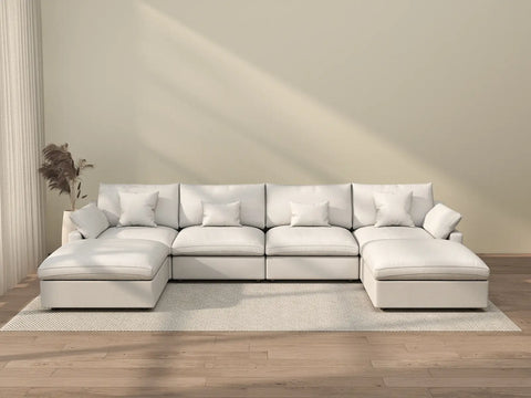 Sofá modular modular Deluxe Cloud de 4 plazas, blanco, lavable, en forma de U | Juego de 6 piezas (incluye 2 otomanas), tejido de chenilla y lino, diseño modular.