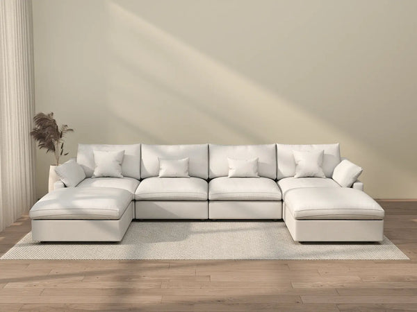 Sofá modular modular Deluxe Cloud de 4 plazas, blanco, lavable, en forma de U | Juego de 6 piezas (incluye 2 otomanas), tejido de chenilla y lino, diseño modular.