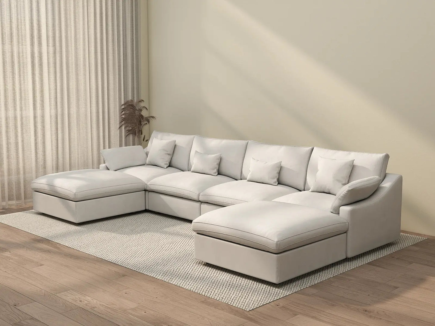 WJS Home 6 Piece Linen White U shaped Sectionals 160 Adjustable Backrest Pillows 4 Seater_3