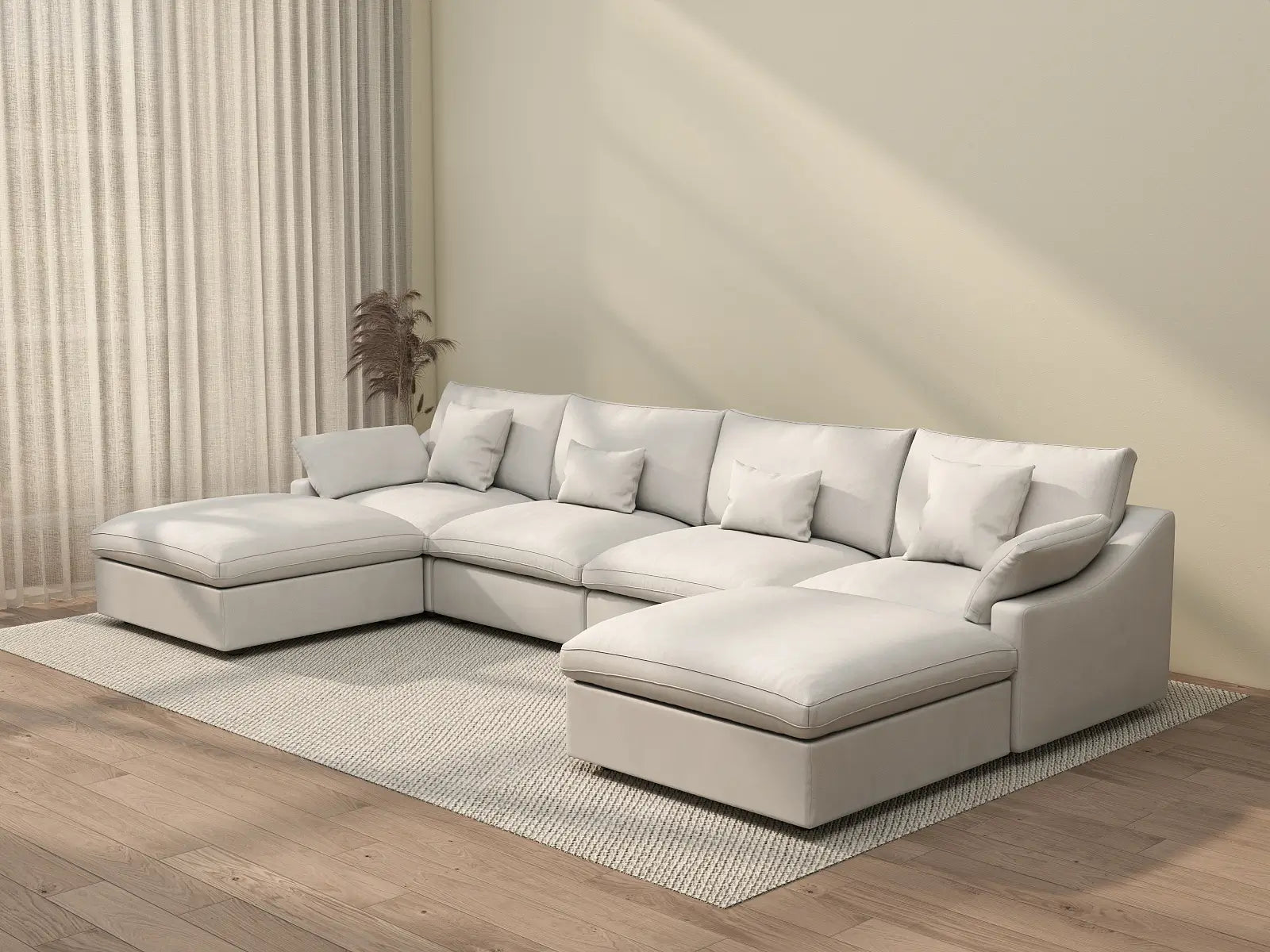 WJS Home 6 Piece Linen White U shaped Sectionals 160 Adjustable Backrest Pillows 4 Seater_3