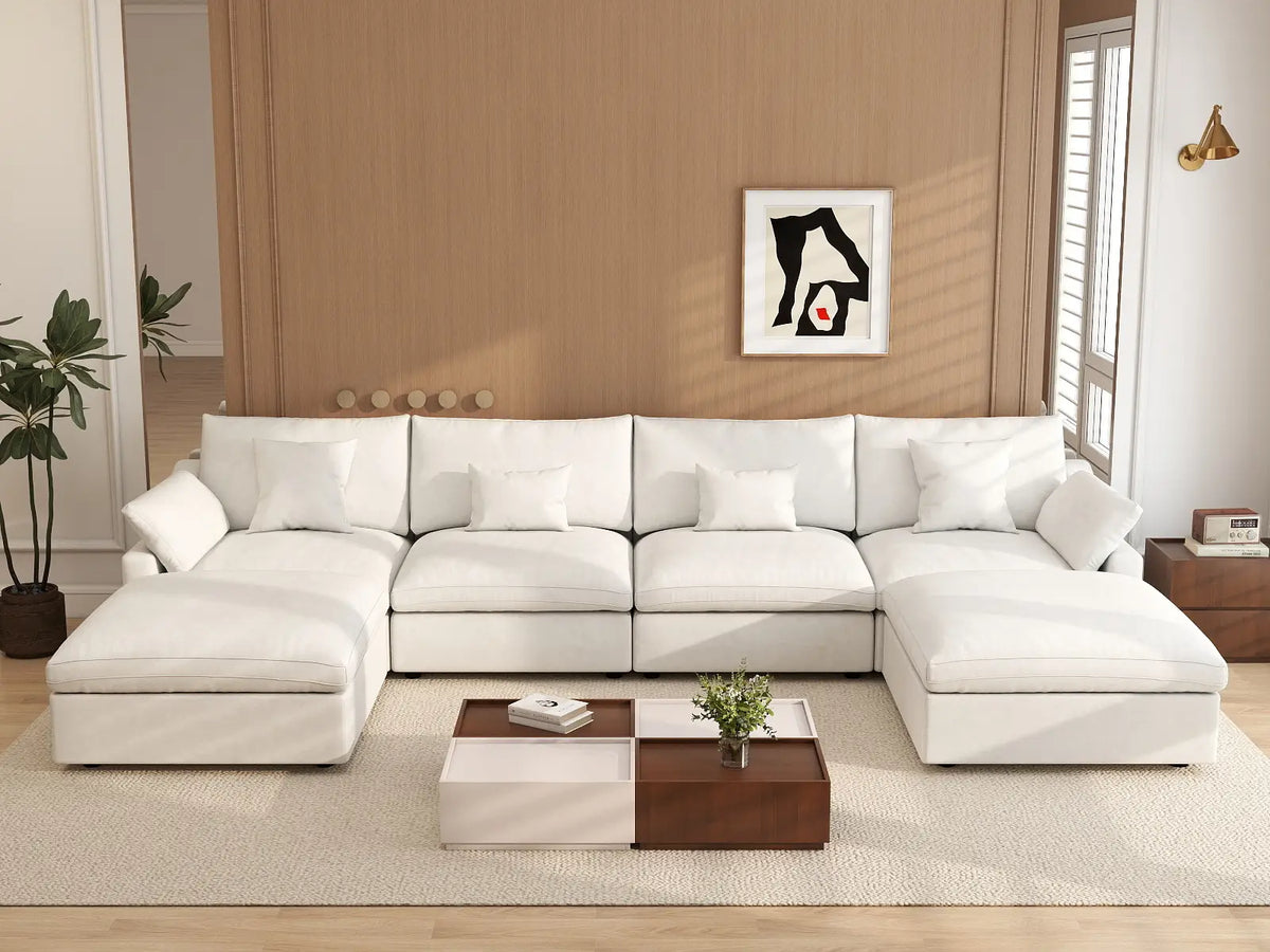 WJS Home 6 Piece Linen White U shaped Sectionals 160 Adjustable Backrest Pillows 4 Seater_6