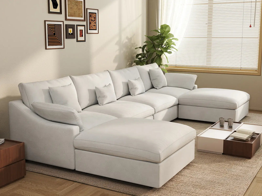 WJS Home 6 Piece Linen White U shaped Sectionals 160 Adjustable Backrest Pillows 4 Seater_7