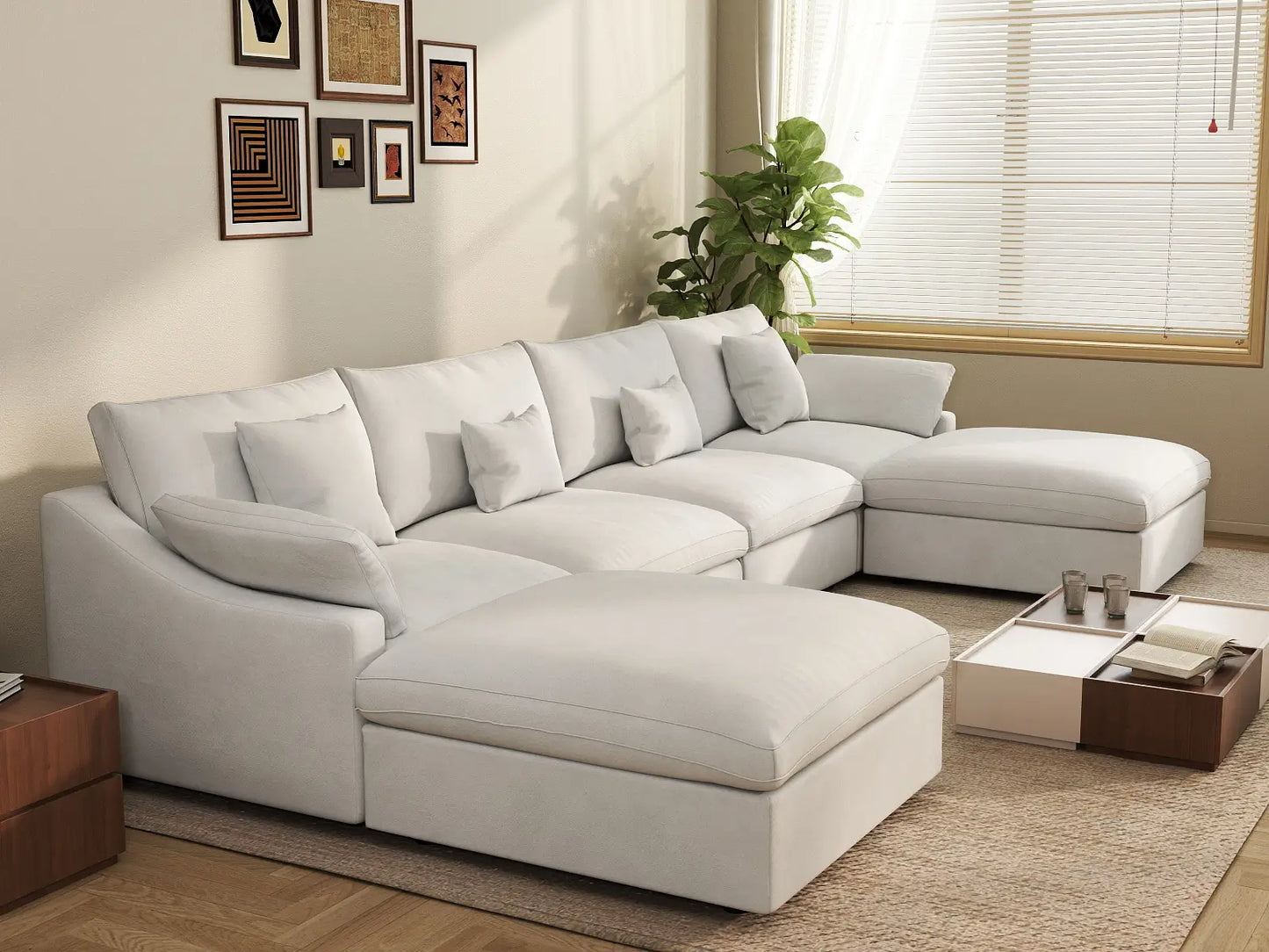 WJS Home 6 Piece Linen White U shaped Sectionals 160 Adjustable Backrest Pillows 4 Seater_7