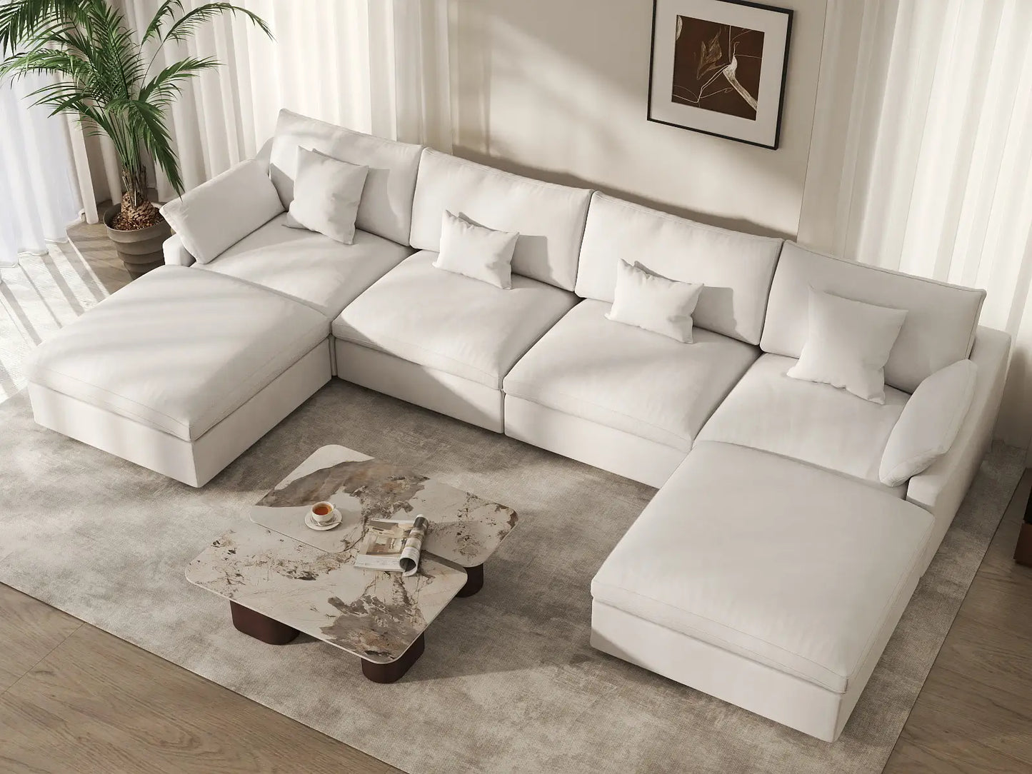 WJS Home 6 Piece Linen White U shaped Sectionals 160 Adjustable Backrest Pillows 4 Seater_8