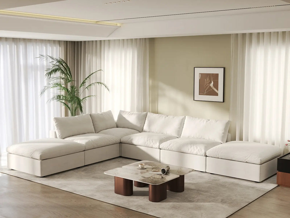 WJS Home 6 Piece White Cotton and Linen L Shaped Sectionals 4 Seater_1