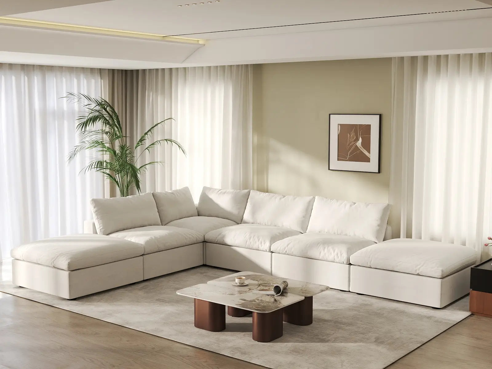 WJS Home 6 Piece White Cotton and Linen L Shaped Sectionals 4 Seater_1