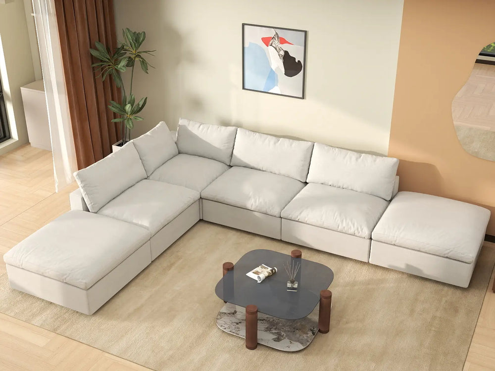 WJS Home 6 Piece White Cotton and Linen L Shaped Sectionals 4 Seater_8