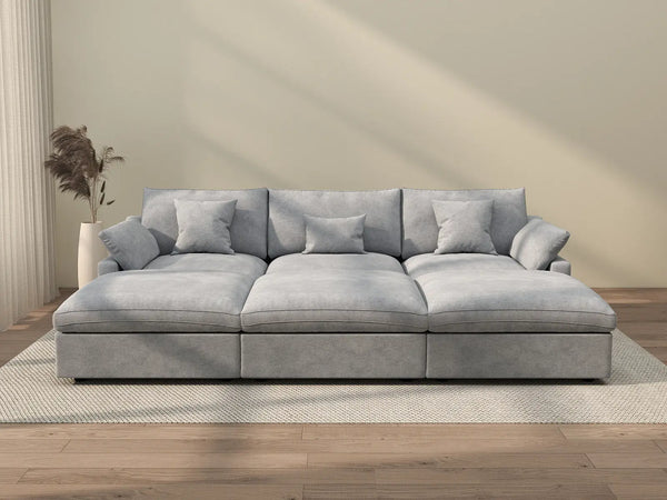 Sofá modular Deluxe Cloud de 3 plazas, color gris claro, lavable | 6 piezas (incluye 3 otomanas), tejido de chenilla y lino, diseño modular