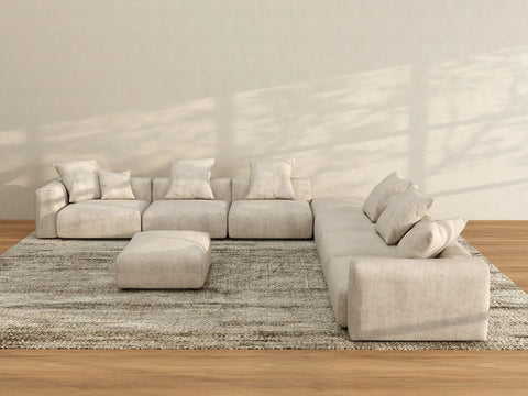 Matrix 6-Seater Beige Washable Sofa Set | 8-Piece (includes 2 Ottomans), Corduroy Fabric, Modular Design