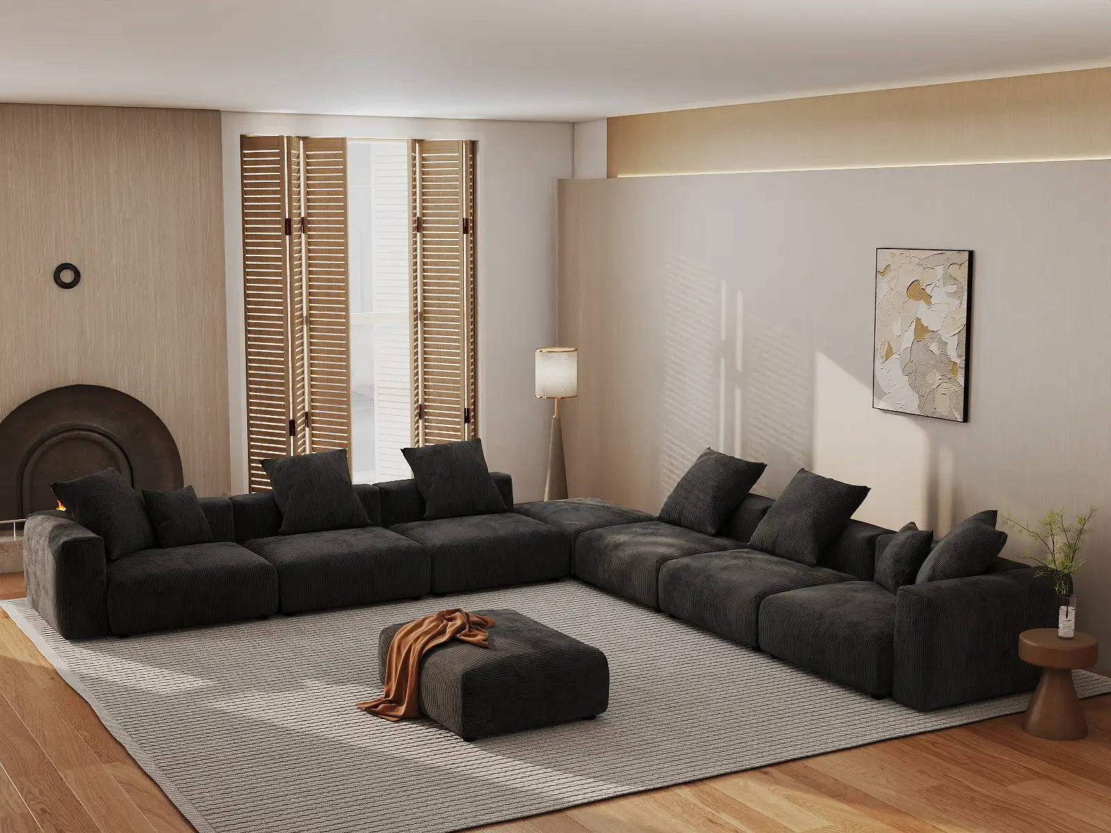 Fundas para sofás modulares modernos Matrix | Fundas de pana negra para sofá de 6 plazas con 2 otomanas