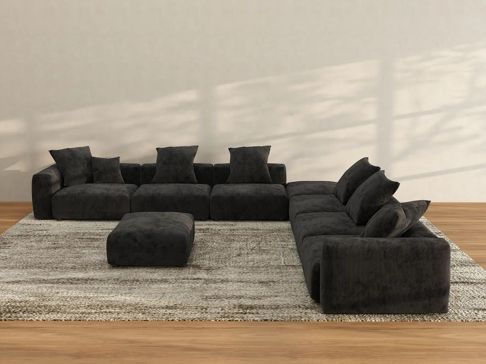 Sofá Matrix de 6 plazas, negro, lavable | 8 piezas (incluye 2 otomanas), tela de pana, diseño modular